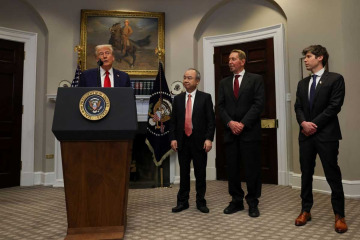 President Donald Trump delivers remarks on AI infrastructure, next to Oracle co-founder Larry Ellison, SoftBank CEO Masayoshi Son and OpenAI CEO Sam Altman at the Roosevelt room at White House in Washington January 21, 2025. — Reuters pic