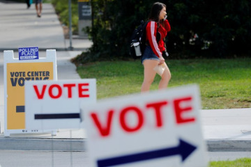 FILE PHOTO: Voting signs point to an early voting outdoor polling location on the University of Irvine campus in Irvine, California, U.S. October 30, 2018. REUTERS/Mike Blake/File Photo